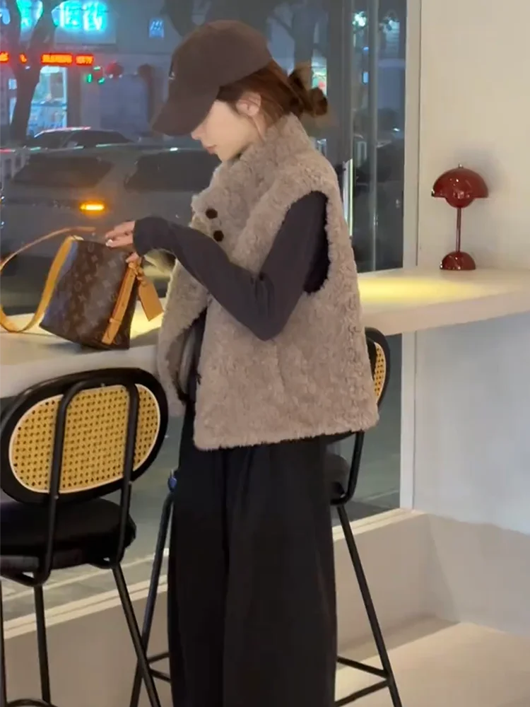 

Ретро-жилет из овечьей шерсти с воротником-стойкой, универсальный, для женщин, осенне-зимний, утепленный, для многослойной носки, верхняя одежда