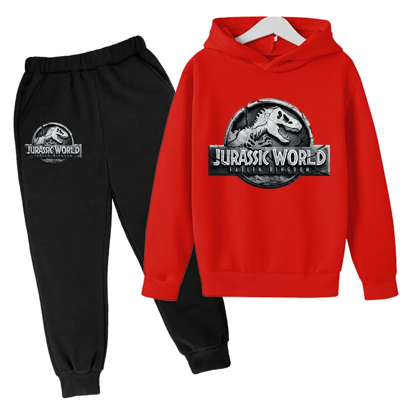 Kids Spring and Autumn Hoodies, casual sports two-piece set for boys and girls aged 3-12 hot selling Jurassic Park top and pants