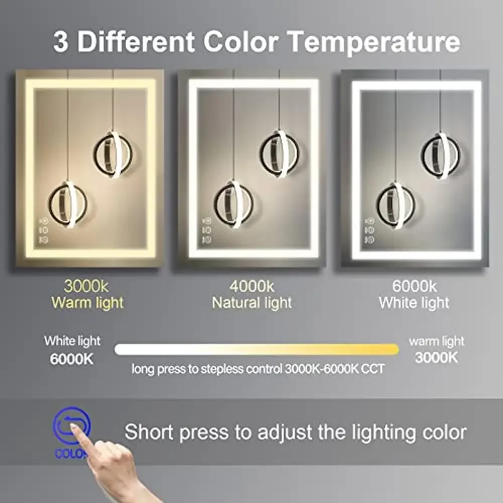 36x28 Inch LED Bathroom Vanity Mirror Wall Mounted with Adjustable Color Temperature and Anti-Fog Touch Button HD Silver Mirror