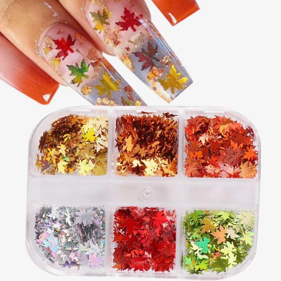 6 Roosters 3d Esdoorn Bladeren Nail Art Pailletten Holografische Goud Rood Blad Paillettes Deel Vlok Slice Fall Glitter Manicure Decoratie