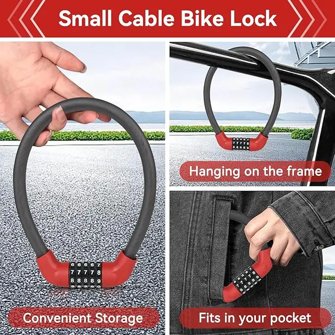 5-Digit Combination Bike Cable Lock, 22inchLb, Lightweight Bike Lock, Anti-Theft, Resettable Combination Bike Portable Cable Lock, Red, Black.