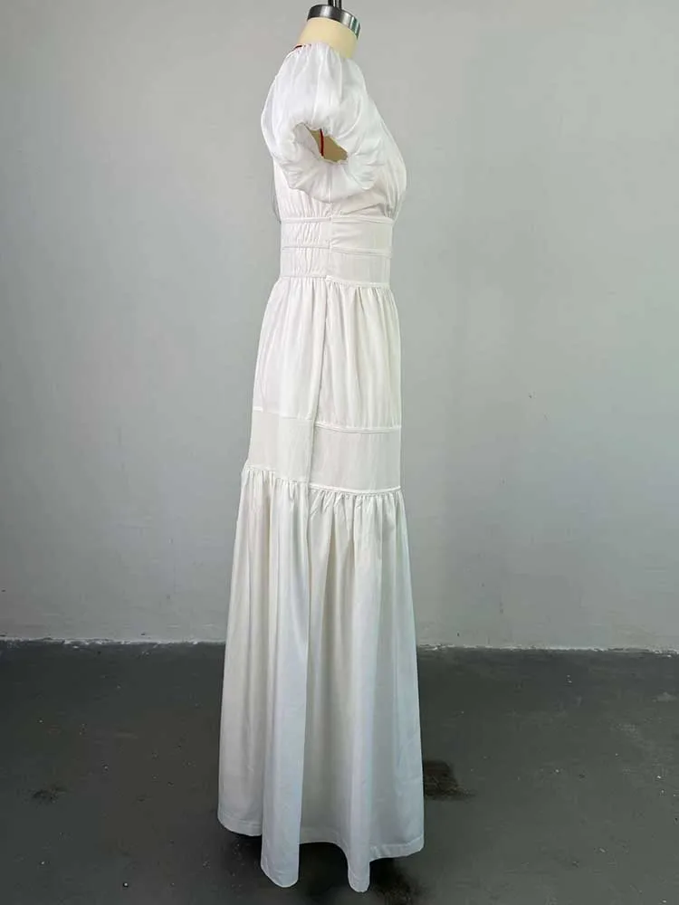 Women White Summer Dress High Waist Fitting  Dresses with Puff Sleeves Chic Pleated Slim Long Dress New Wholesale Dropshipping