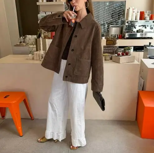 سترة نسائية بأكمام طويلة، ياقة من جلد الغزال العتيق، خفيفة الوزن، فاخرة، الخريف والشتاء