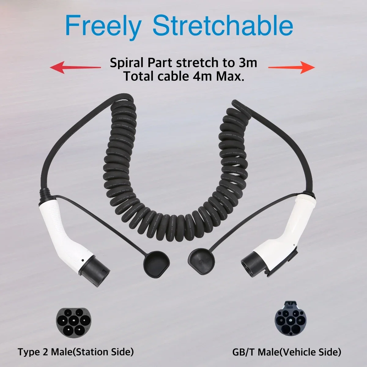 EVcharger4U 5M/7M Spiral EV Charging Cable IEC62196 Type 2 to GBT 7KW 22KW 1phase 3Phase 32A For EVSE Vehicles Charger Station