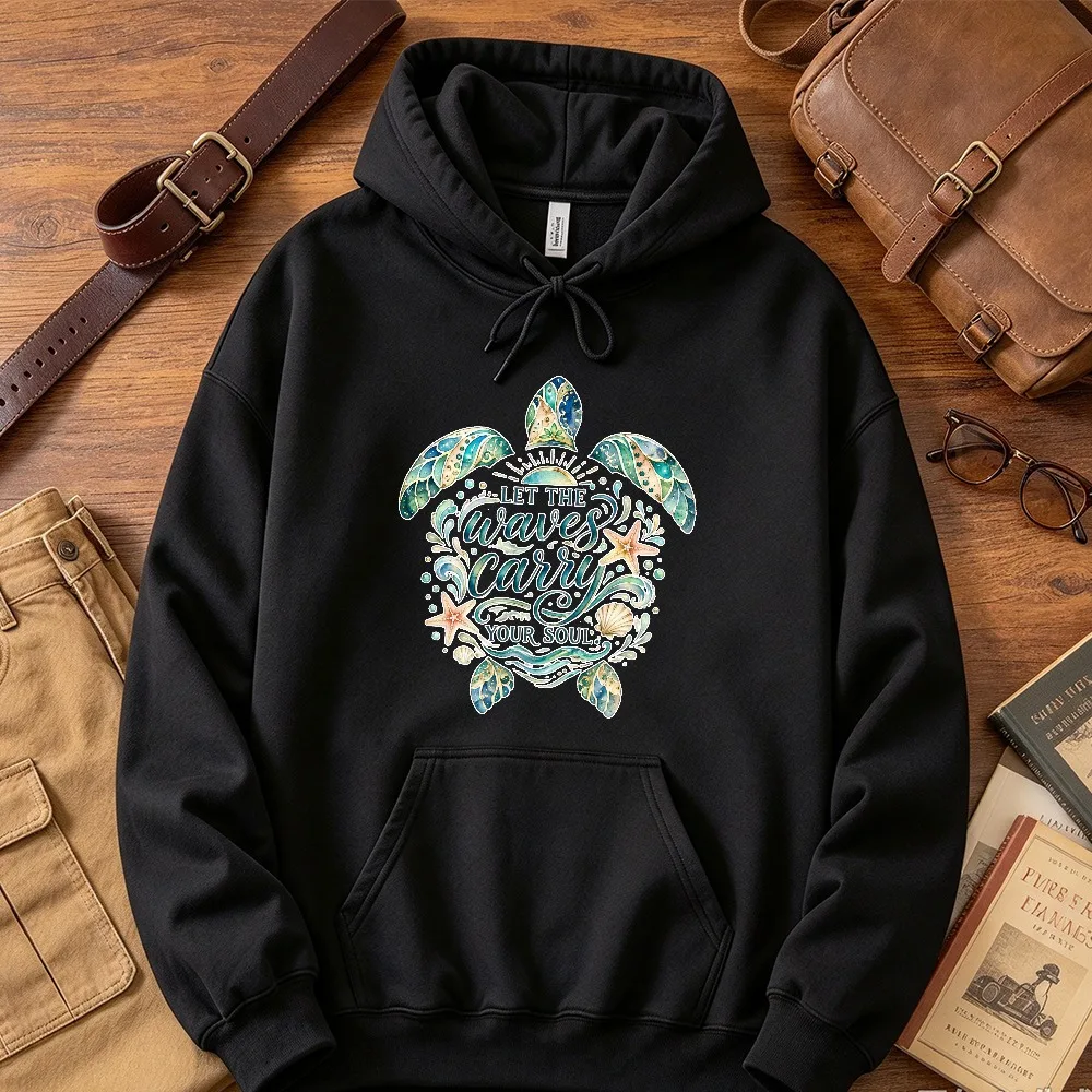 Let The Waves Carry You Watercolor Sea Turtle Starfish Shell Ocean Wave Graphic Sweatshirt Marine Beach Print Pullover Casual