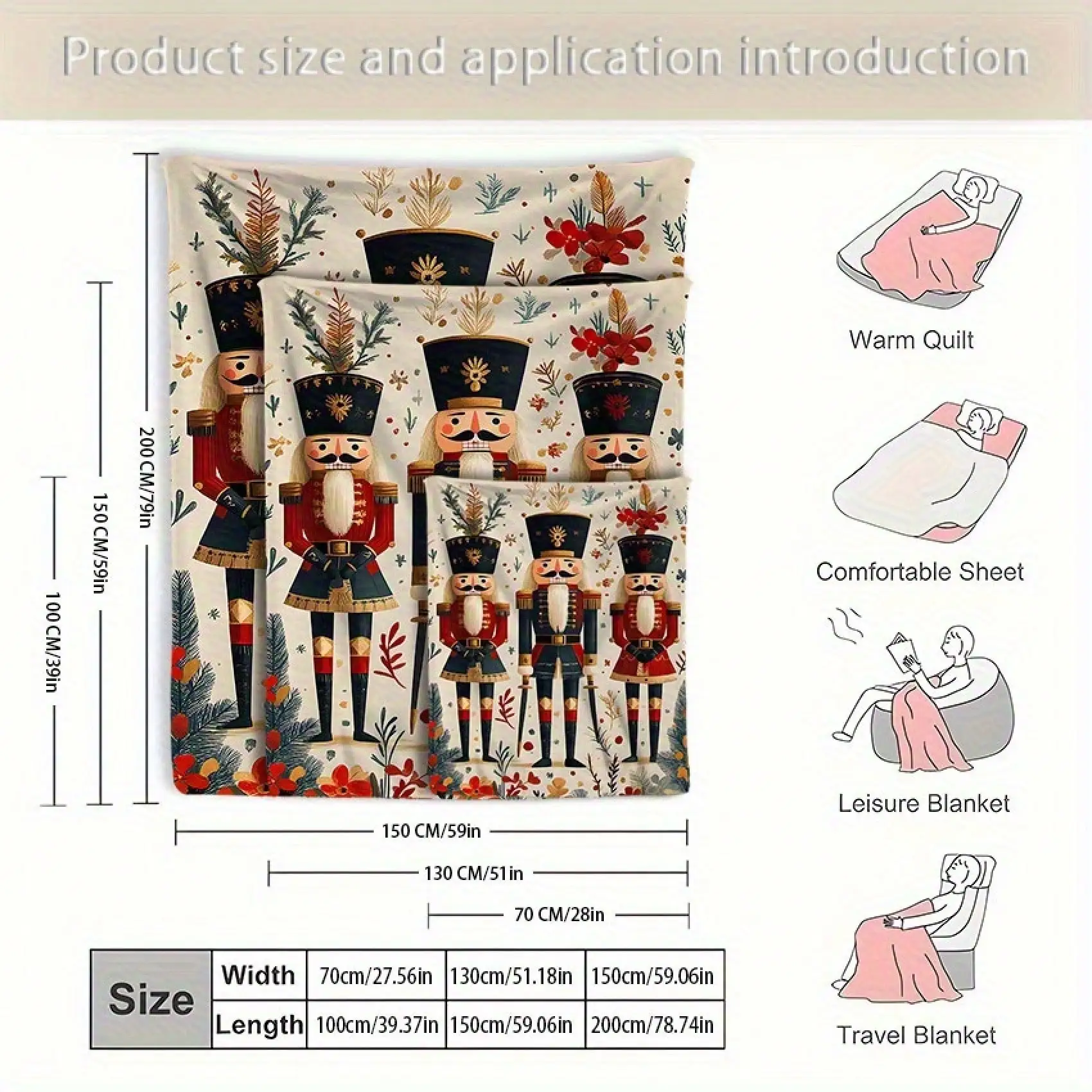 [Festive Nutcracker Blanket] Christmas Vintage Nutcracker Soldier Throw Blanket | Soft Flannel-Like Polyester, Red & Golden Soldiers, All-Season Couch Bedspread For Living Room, Holiday Decor - Machine Washable Lightweight Travel Accent
