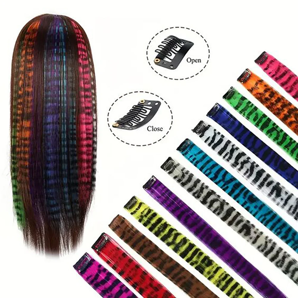 Clip-in Stripe Printed Synthetic Hair Colorful Long Straight Hair Pieces clip in Hair Extensions for Daily or Christmas wear