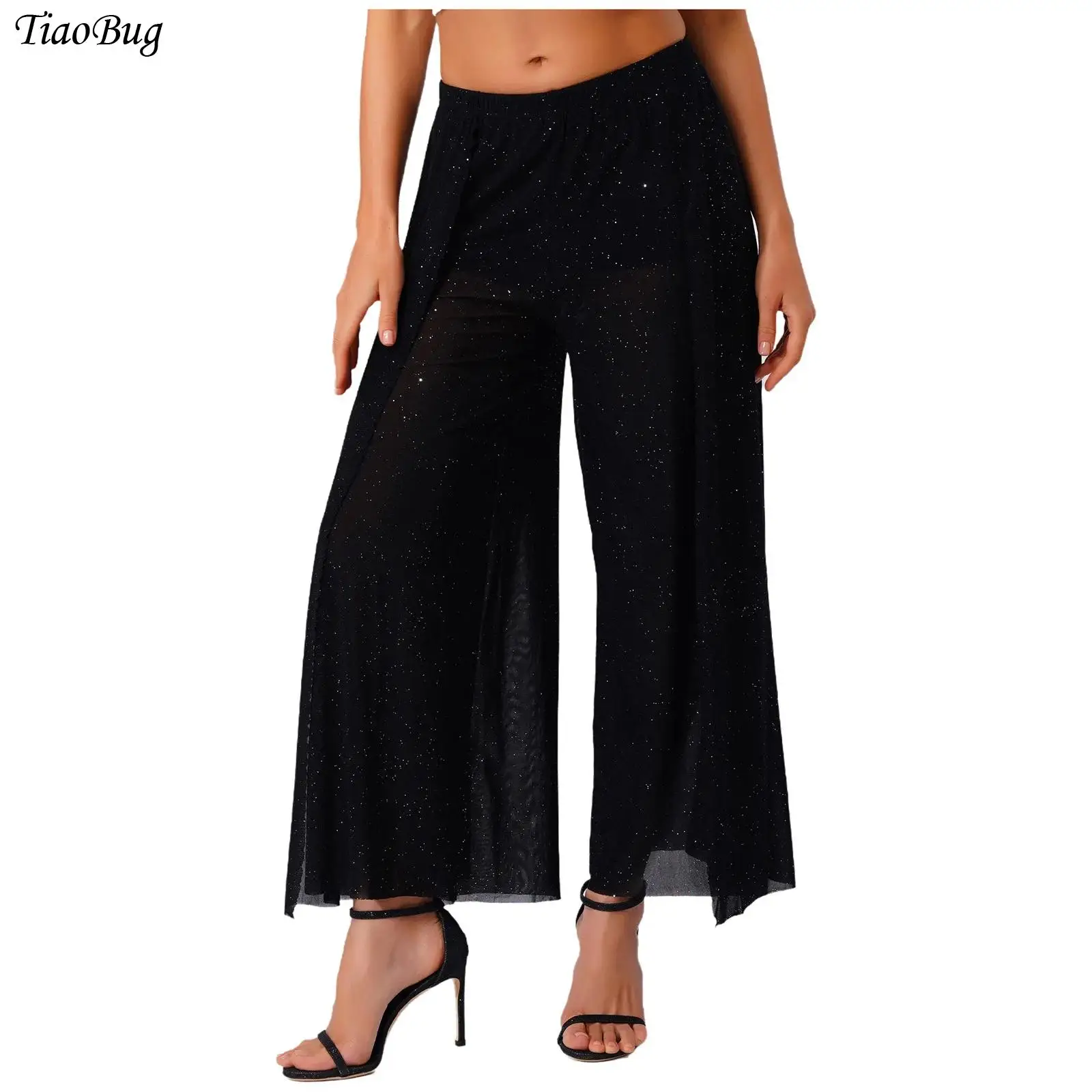 

Womens Shimmering Mesh Wide Leg Pants Comfortable Sheer Mesh Side Slit Built-in Shorts Long Pants for Belly Dance Performance