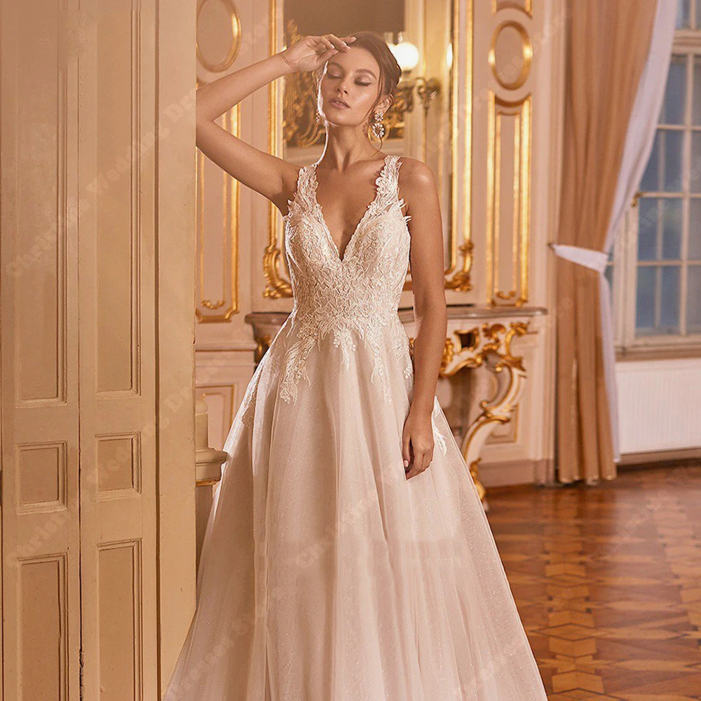 Abiti da sposa con stampa floreale in pizzo con scollo a v luminoso abiti da sposa Sexy a-line classici personalizzati Princess Ball Vestidos De Noivas