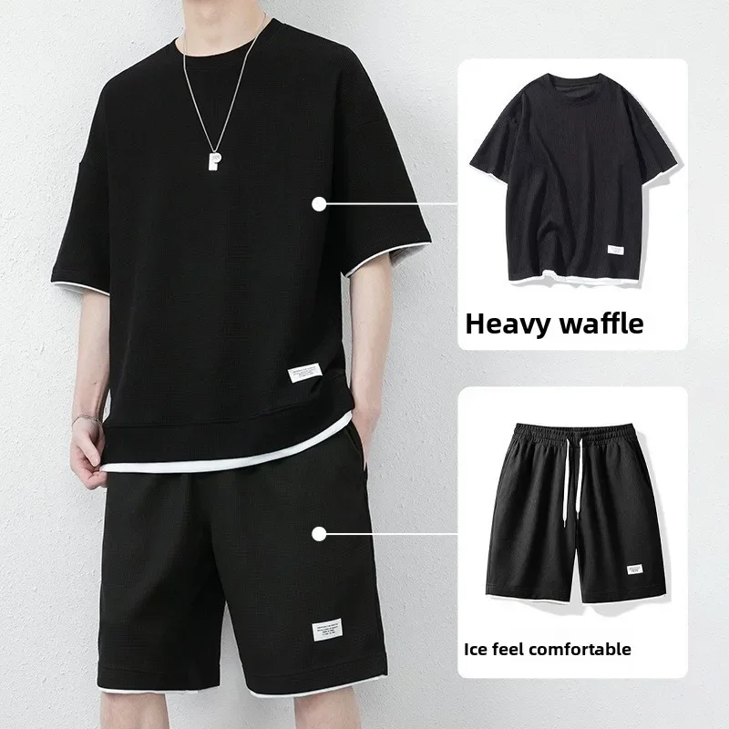 

Fashion Casual Short-sleeved Suit Waffle Loose Large Size Tide Five-minute Sleeve Casual Sports Two-piece Suit