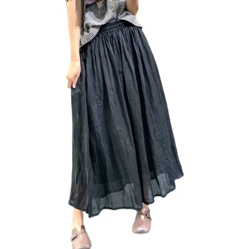 Japanese Sle Double Layer Linen A-Line Skirt High Waist Wide Hem Cotton Linen f Body Umbrella Skirt Simple Long Pure Color