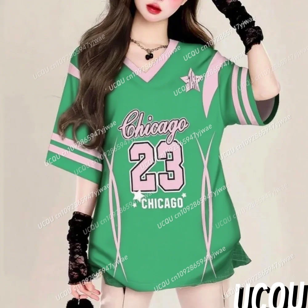Zomer Vrouwen Nummer 23. CHICAGO Print V-hals Korte Mouw T-shirt Tee Baseball Jerseys Dagelijks Tops Vrouwelijke Tees Vrouwelijke Kleding