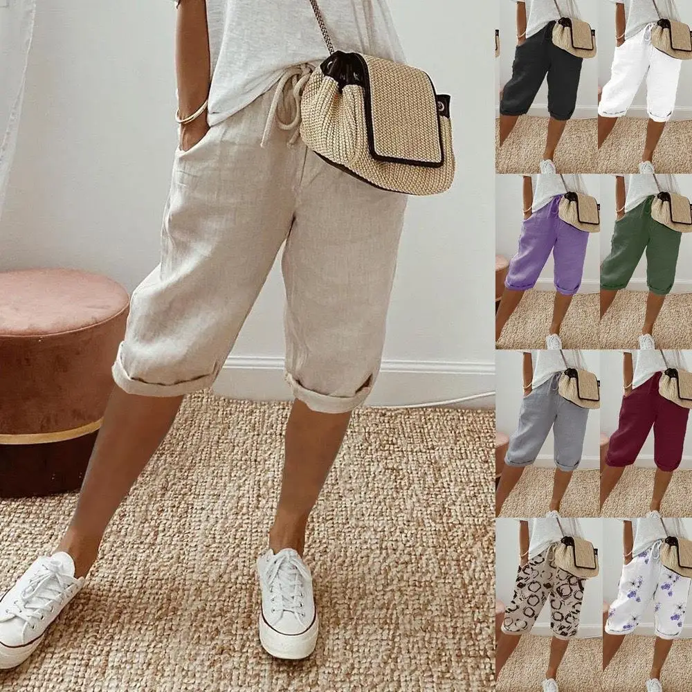 Casual Cotton Linen Women's Pants 2024 Cross-Border Independent Station Pocket Elastic Loose Fit Five-Point Pants