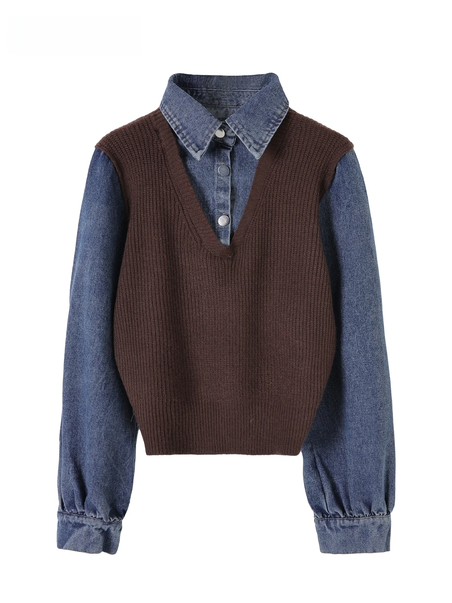 

JZZDEMM Retro Denim Patchwork Knitted Sweater Women's Faion Outerwear Trendy Long Sve round Ne Color Sweatirt