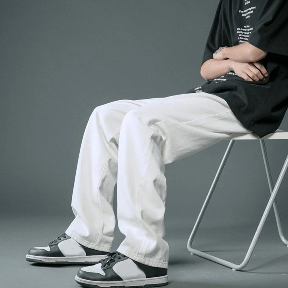 Celana lurus longgar pria, bawahan jins warna polos, pakaian jalanan Hip Hop musim panas