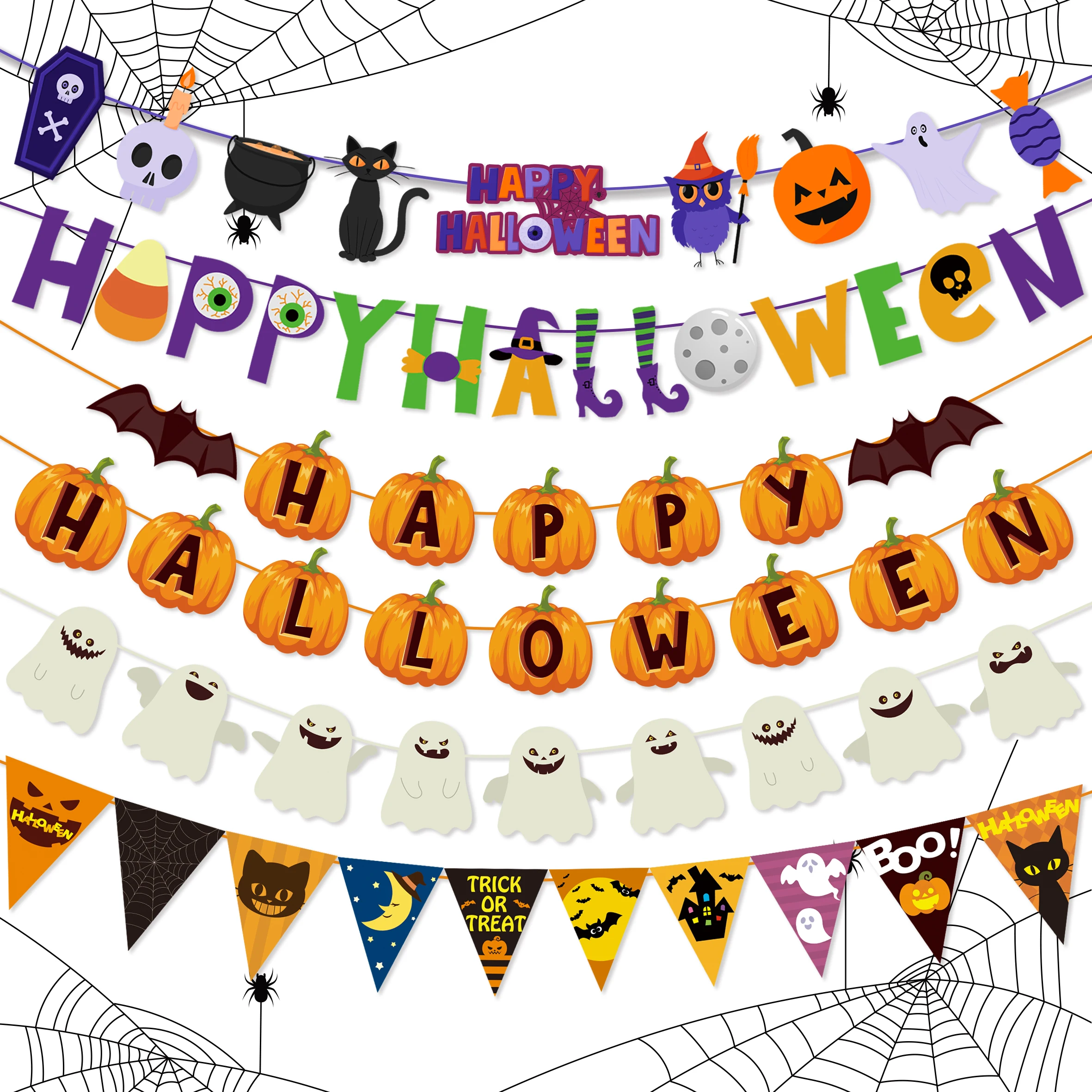 1 zestaw Happy Halloween Banner Pumpkin Bat Pattern Bunting Home Decor for Fireplace Halloween Theme Party Decorations Supplies