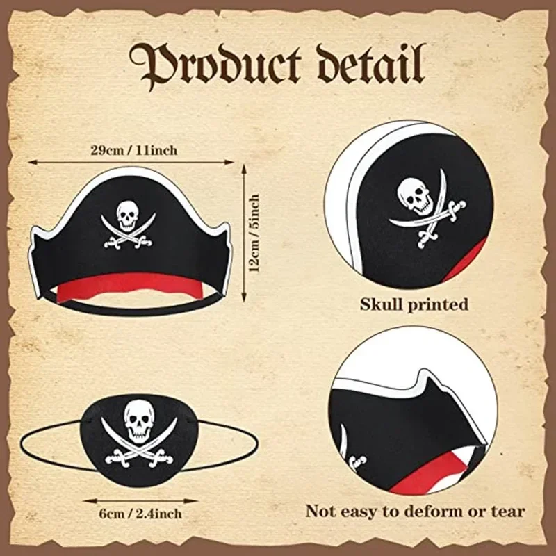 12 PCS Pirate Hat One-Eye Sticker Skull Pattern Halloween Captain Pirate Costume Cartoon Children Birthday Party Decoration