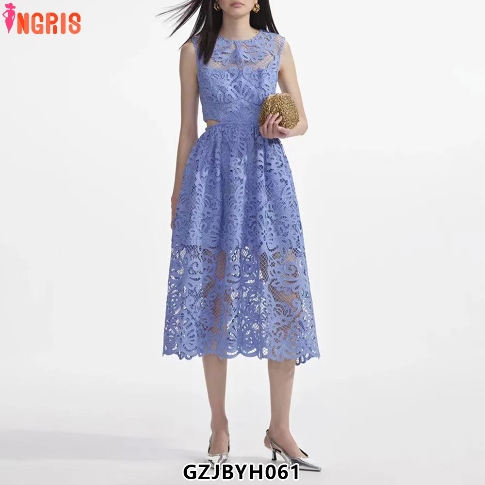 

2025 New Fashion Round Neck Solid Color Flower Embroidery Lace Hollow Design Waist-revealing High-end Dress for Women-GZJBYH060