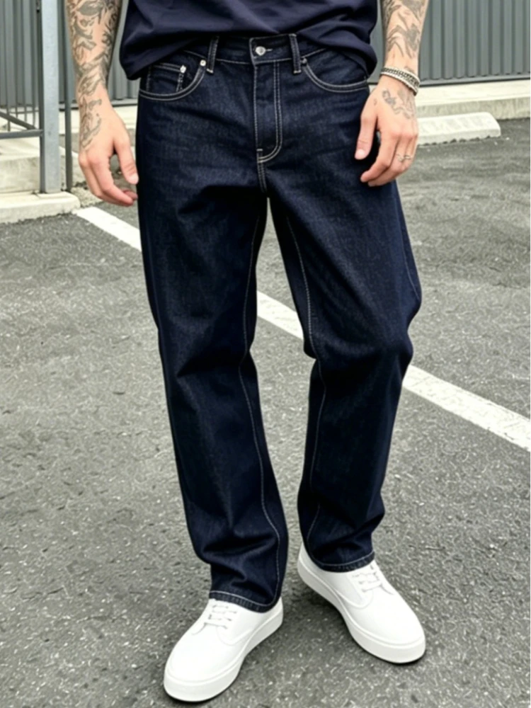 2026 New Mens Blue Jeans Mid Waist Relaxed Straight Pants Retro Minimalist Business Casual Male High Street Fashion Trousers