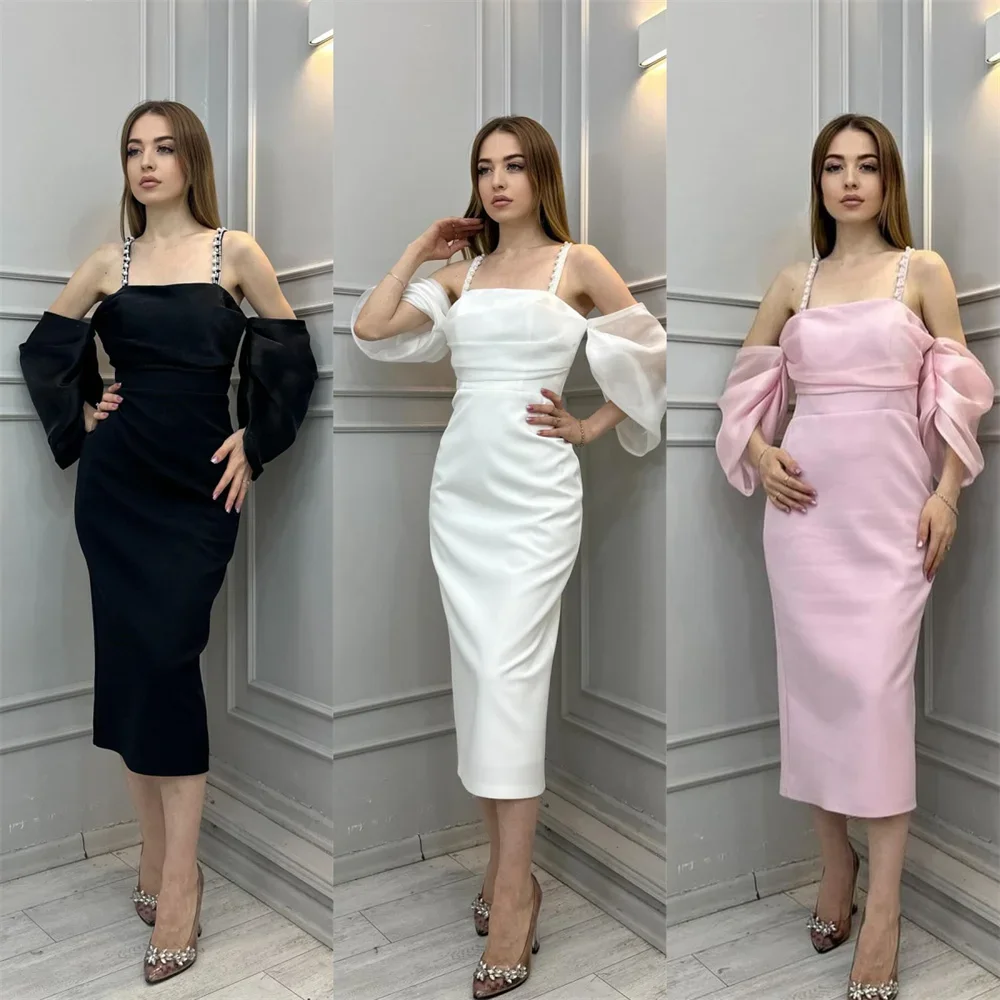 

Customized Evening Gown Formal Saudi Arabia Dearin Spaghetti Strap Column Tea Length Skirts Bespoke Occasion Dresses Prom Dress