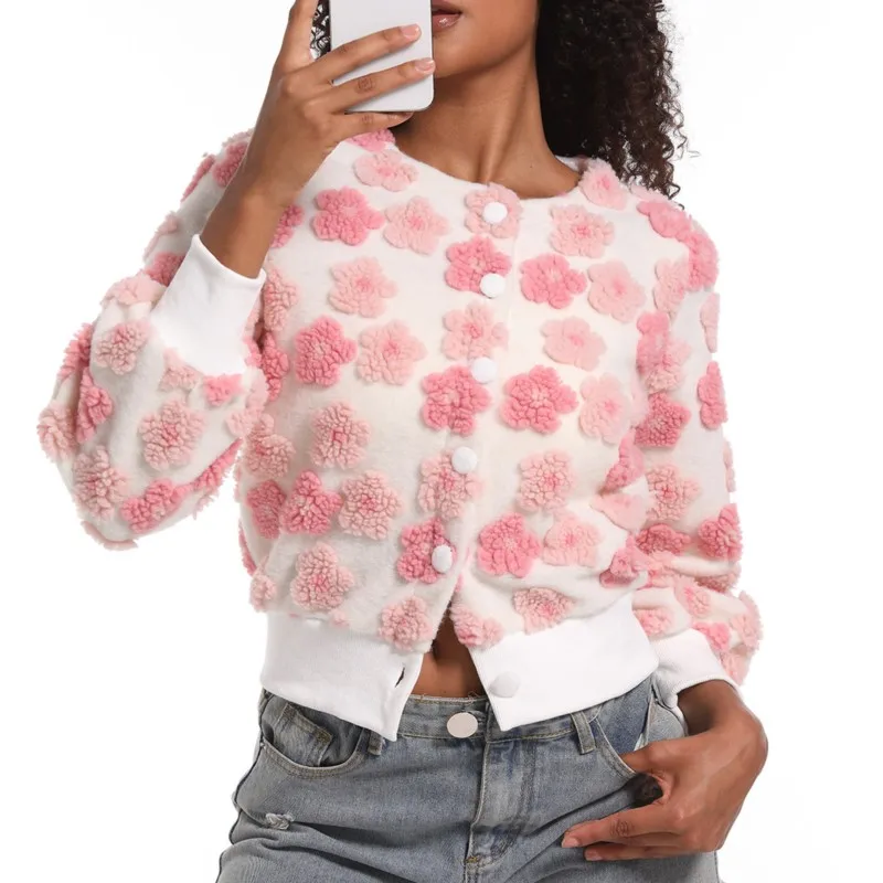 

Women 3D Flower Knit Sweater 2025 Autumn Winter Single-breasted Patchwork Cardigan Casual Puff Long Sleeve Rib Knit Short Coat