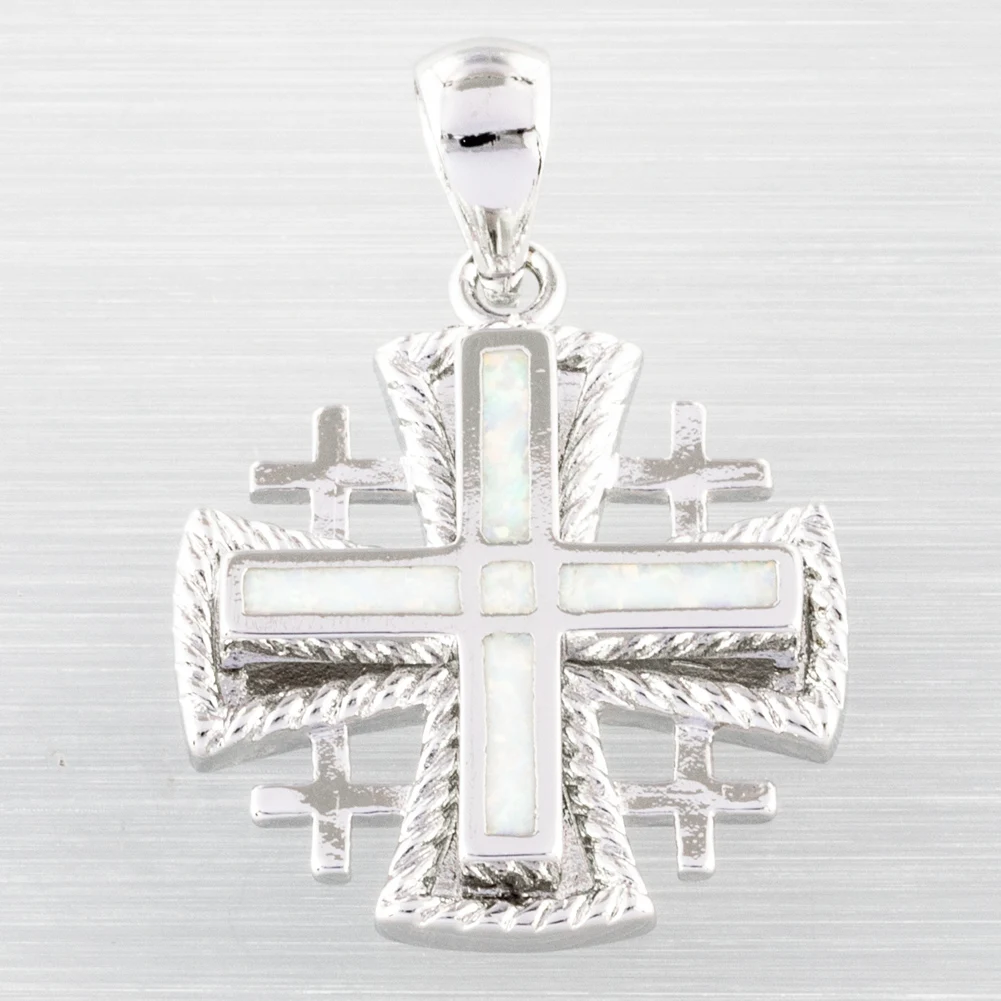 KONGMOON Cruz de Jerusalén ópalo de fuego blanco joyería chapada en plata para mujer colgante para collar