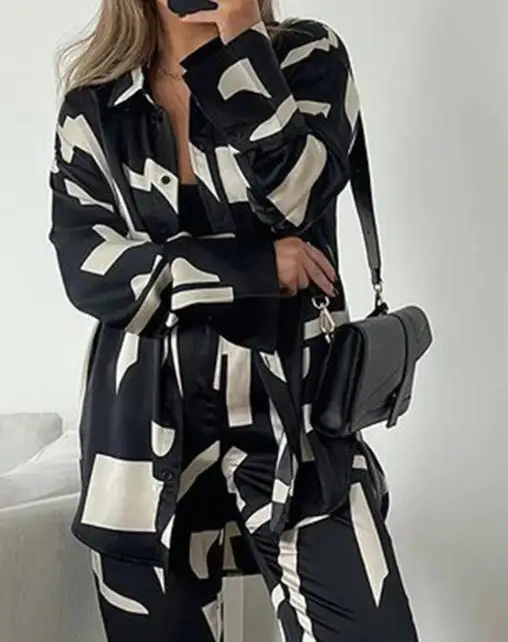 

2025 New Commuter Women's Fashion Loose Long Sleeve Shirt High Waist Wide Leg Pants Set