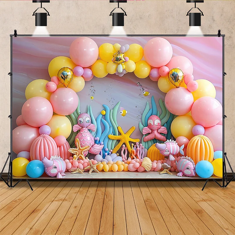 Escena de playa de sirena y estrellas de mar, Fondo de fotografía, decoración de feliz cumpleaños, globos, corona, fiesta, estudio fotográfico, DF-02