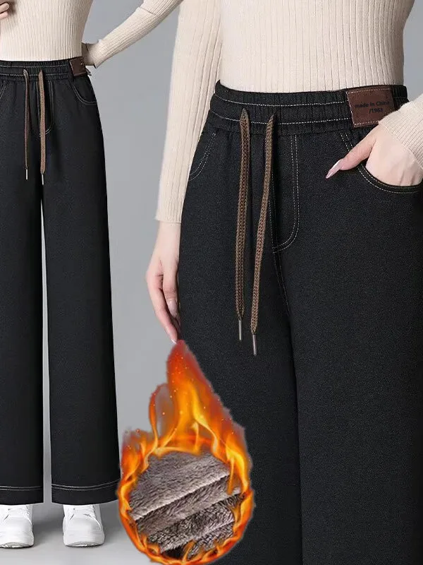 Spodnie damskie z wysokim stanem, ocieplane, na jesień i zimę, proste nogawki, szerokie nogawki, codzienne jeansy, eleganckie spodnie dla kobiet.