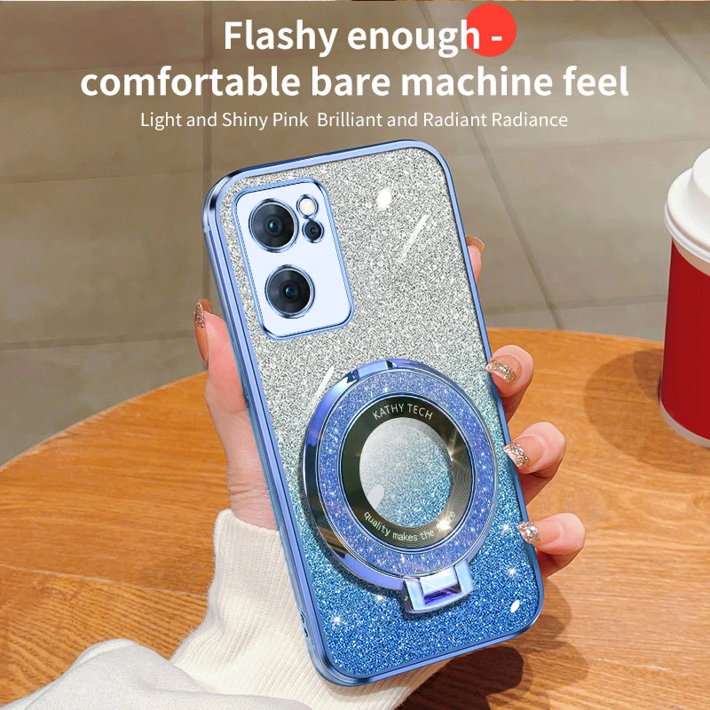 Reno7 Magnetic Glitter Plating Holder Phone Case On For Oppo Reno 2 Z 2Z 3 4 5 5K 6 6Z 7 SE Pro 4G 5G Reno6z Reno2 Reno5 Cover