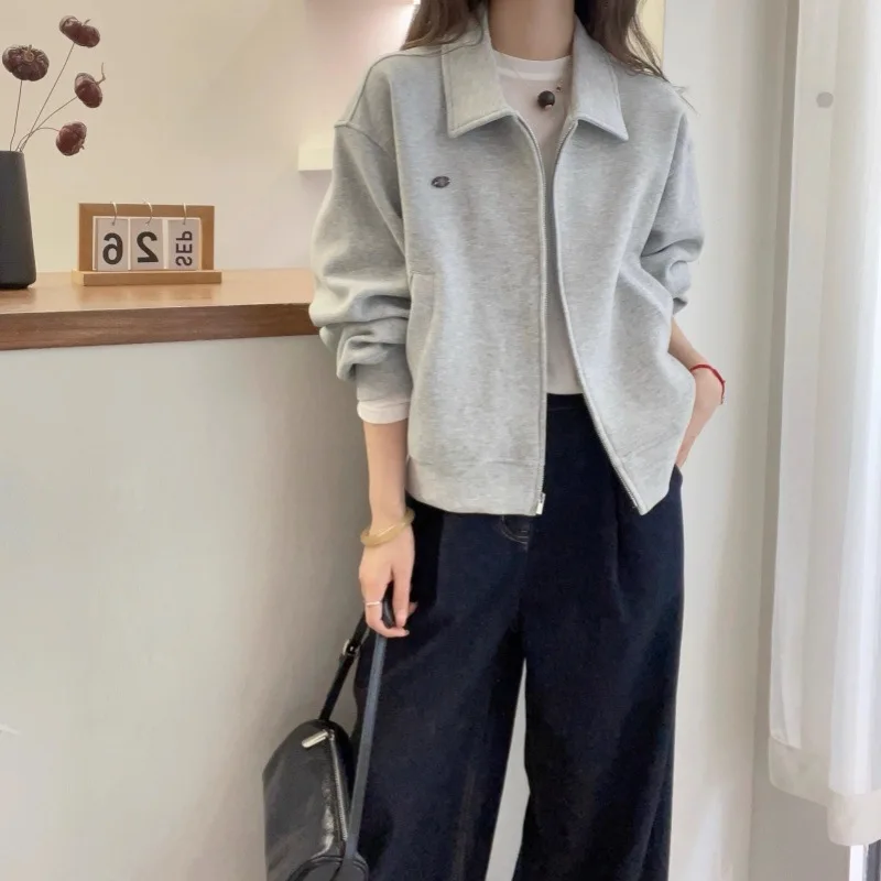 سترة نسائية قصيرة بسحاب، معطف بياقة شال كبير الحجم على الطراز الكوري لعام 2025 لمظهر نحيف