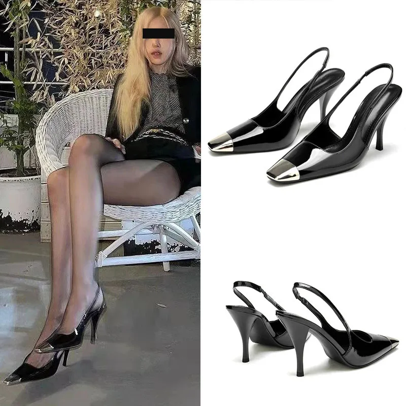 Women High Heel Sandals 2022 Summer Pointed Black Fashion Shoes Pumps Metal Square Pon Toe Patent Leather Sandals עקבים זארה2022