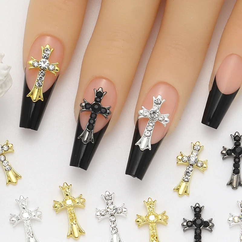 10 stuks 3D goud en zilver retro kruis nagelbedels, legering Rijnsteen, y2k metalen stijl DIY nageldecoratie accessoires