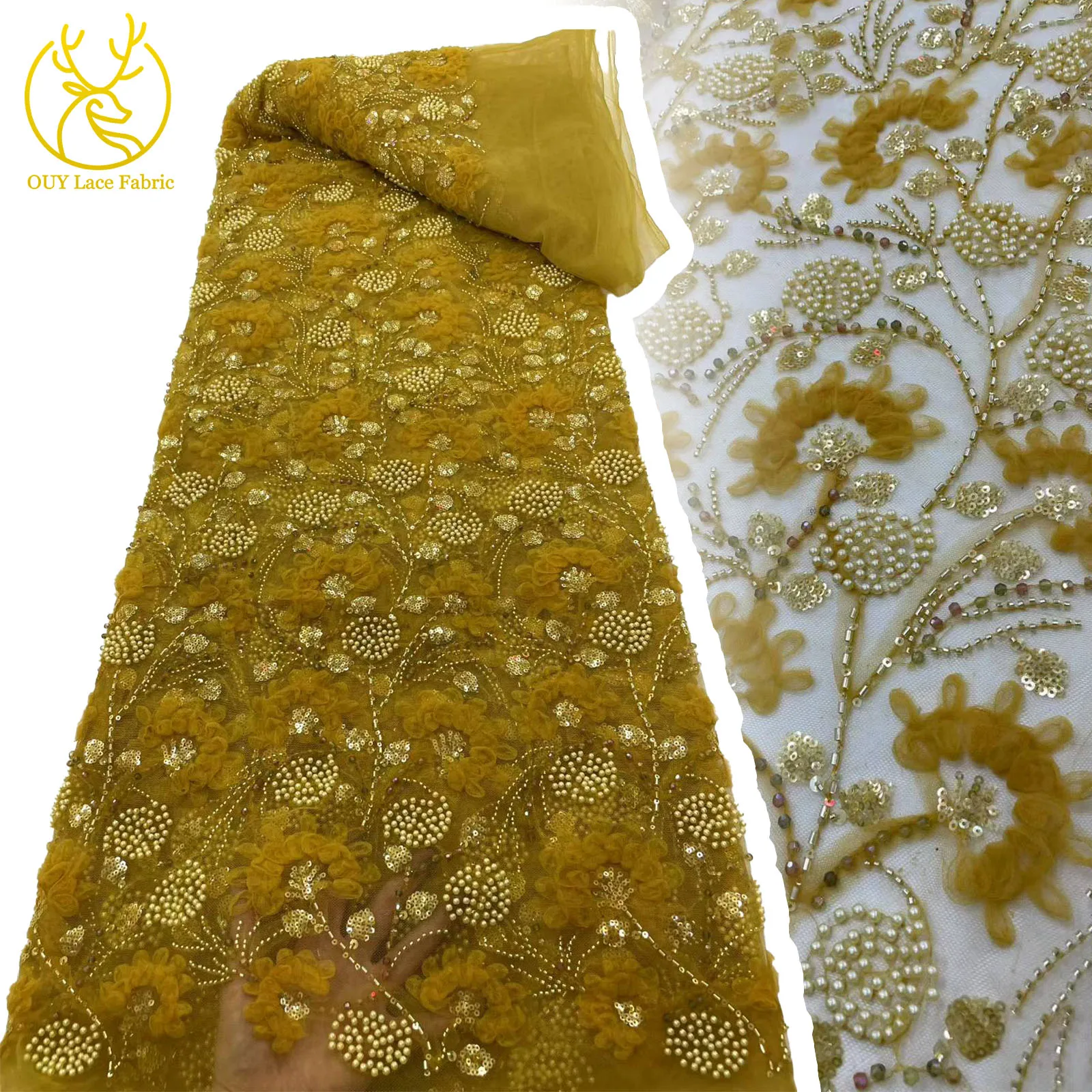 

3D Flower Luxury African Beaded Lace Fabric 2025 High Quality French Nigerian Tulle Sequins Mesh Fabric Party Wedding Dresses