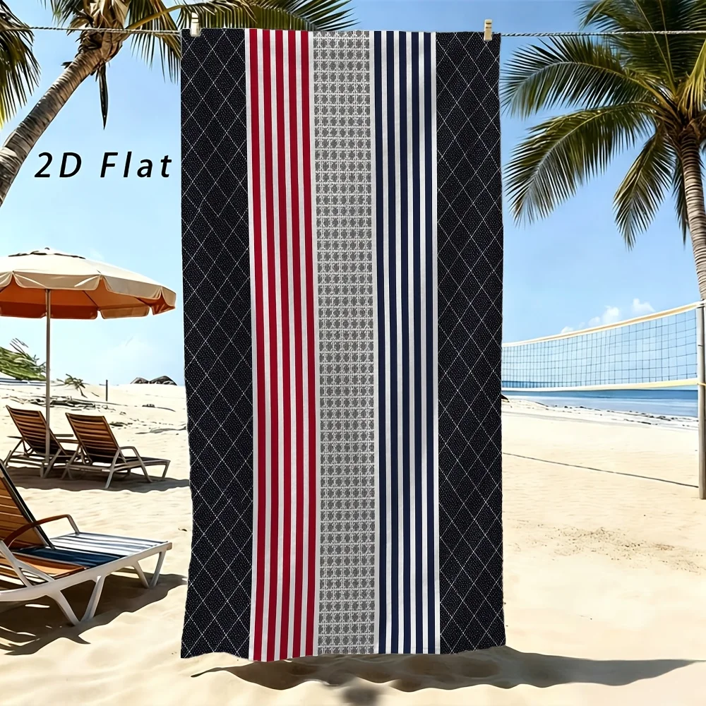 1 toalla de playa con un audazco diseño de rayas verticales en rojo, blanco, azul y negro con detalles geométricos