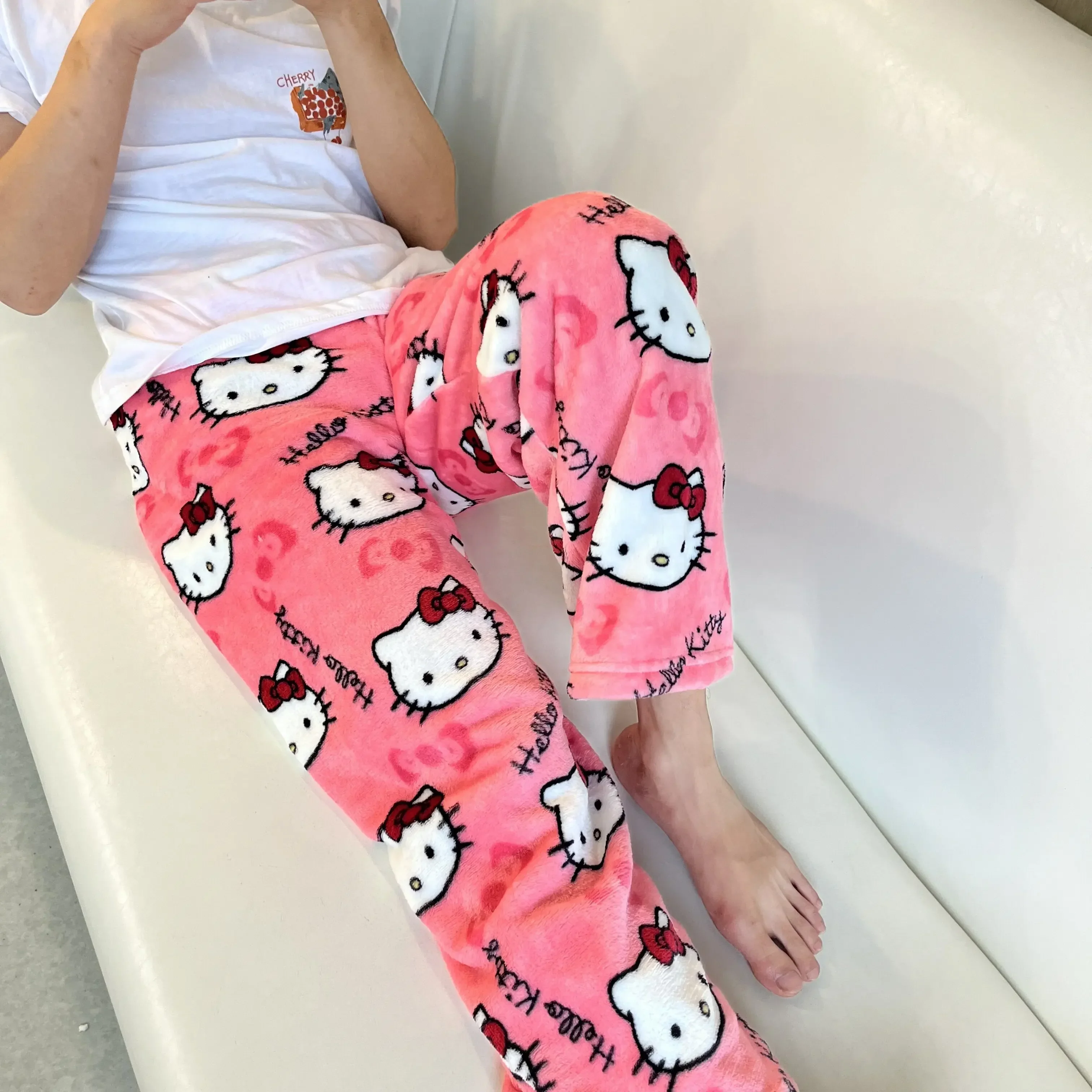 Anime Sanrio Hello Kitty Pajamas Black Pink Flannel Women Warm Woolen Whitecartoon Casual Home Pants Autumn Fashion Trousers