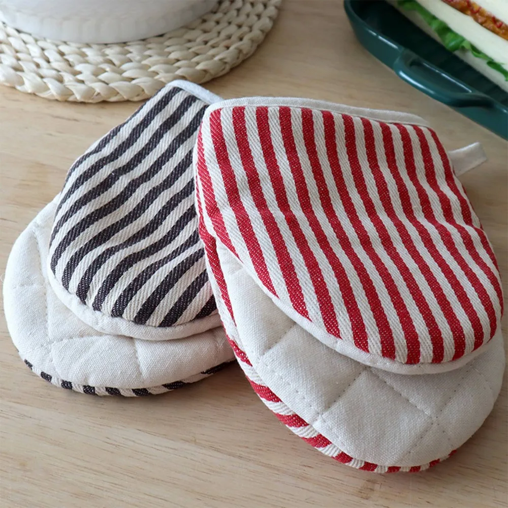2PCS New Cotton Filling Oven Mitt Heat Resistant Mini Baking Glove Striped Hanging Loop Microwave Oven Mitt Lid Handling