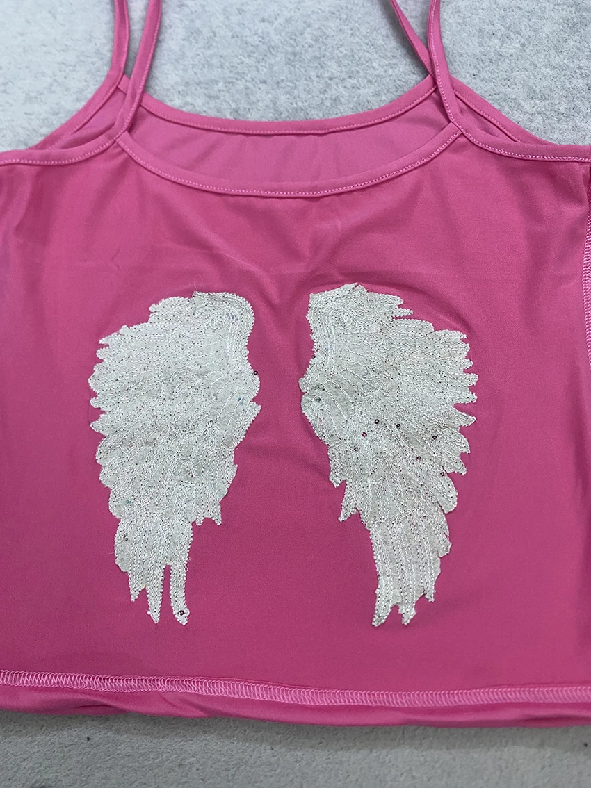 Y2K Mode Damen Einfarbige Camisole Tops mit Rückenflügel-Pailletten-Design, Schlanke Kurze Ärmellose Tanktops mit Spaghettiträgern für den Sommer und Clubwear – Detail 18