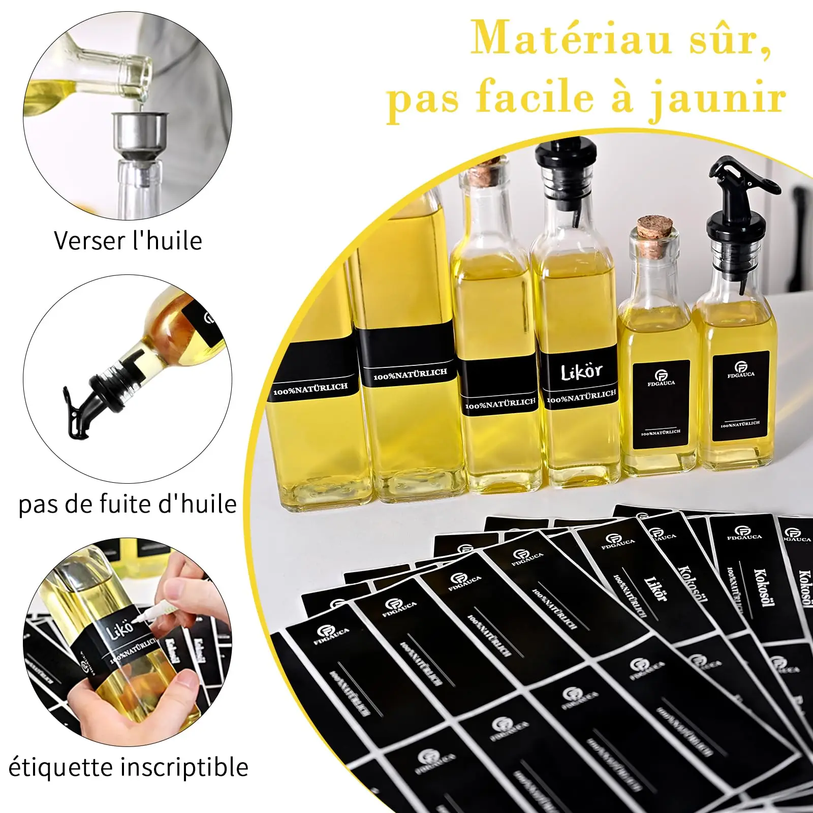 160 ml Ölflasche aus Glas, auslaufsicher, für die Küche, Gewürze, Sojasauce, Essigflasche, transparente Olivenölflasche mit schwarzen Etiketten – Detail 8