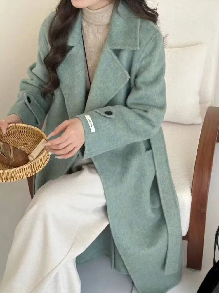 ZMEENNA élégant femmes gris foncé laine mélange Long manteau avec revers col cravate ceinture chaud vêtements de sortie d'hiver décontracté ZM3499