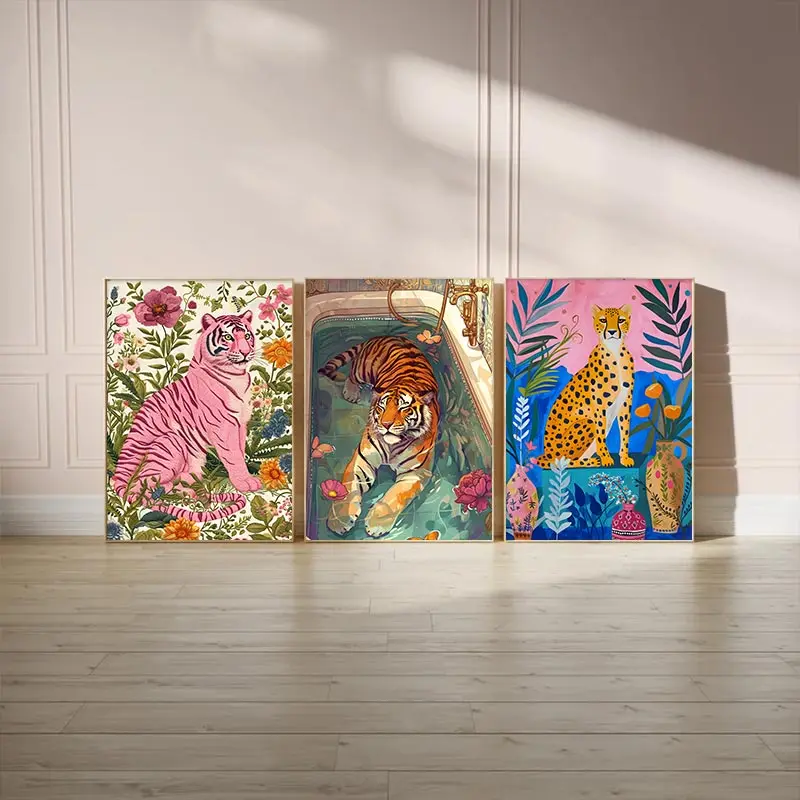 Colourful Tiger Leopard Trendy Poster Modern Multi Colour Floral Animal Canvas Painting Bedroom