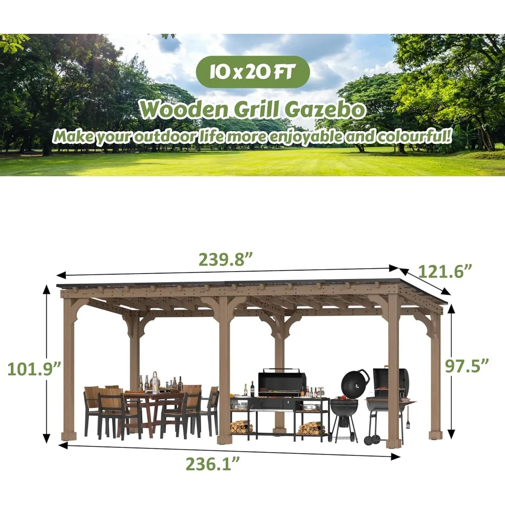 Outdoor Patio Gazebo, BBQ Backyard Gazebo with Cedar Frame, Grill Gazebo with Sloping Steel Roof Design for Barbecue, Deck