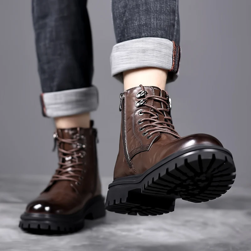 New Men Brand Side Zipper Business Casual High Top Cotton Boots with Added Fleece Fashionable Men Lace Up High Top Leather Boots