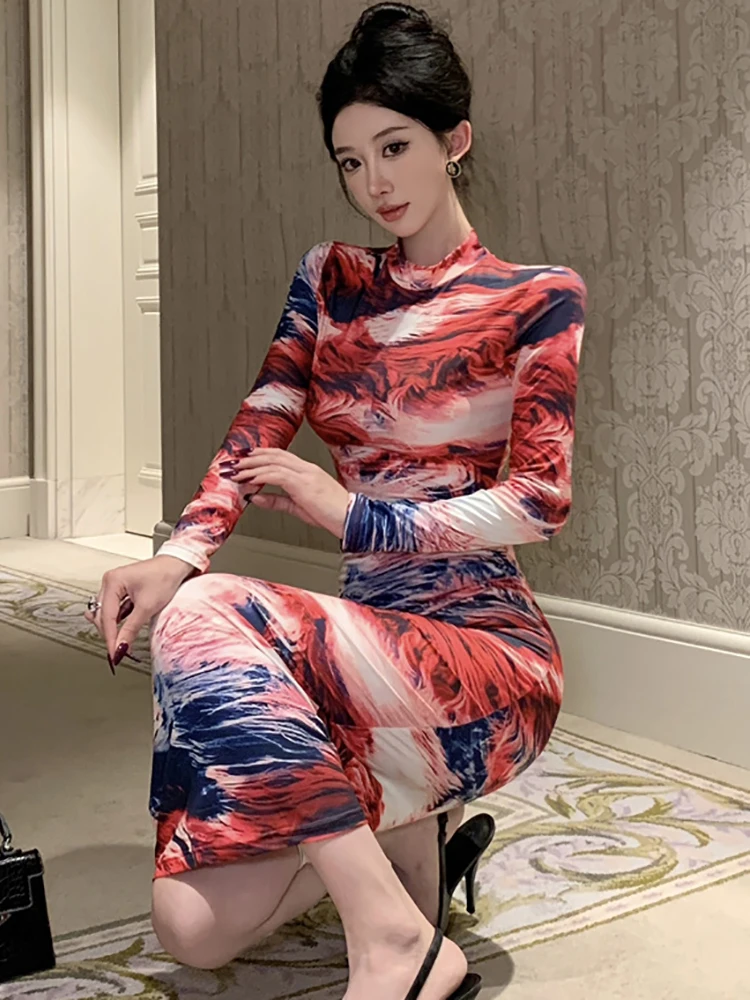 Vestido de manga larga con estampado degradado a la moda para mujer, vestido largo informal elegante para otoño e invierno, vestido de fiesta ajustado coreano para Festival 2025