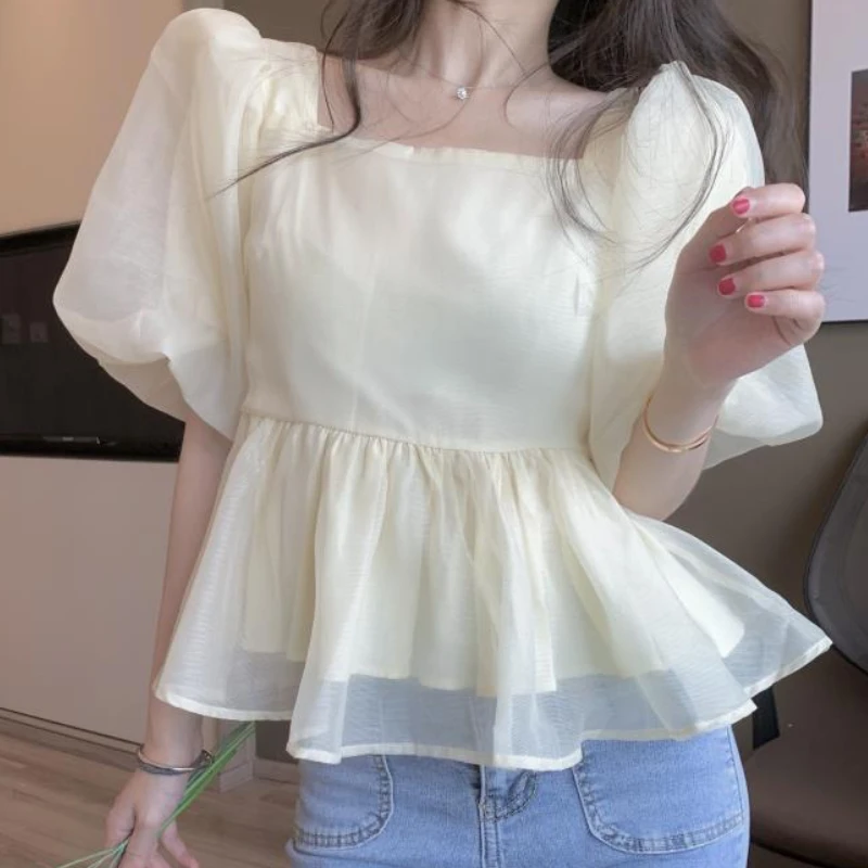 Blouses Women Puff Sleeve Lovely Folds Design Solid Simple New Korean Style Ladies Sweet All-match Trendy Summer Daily Ins Fit