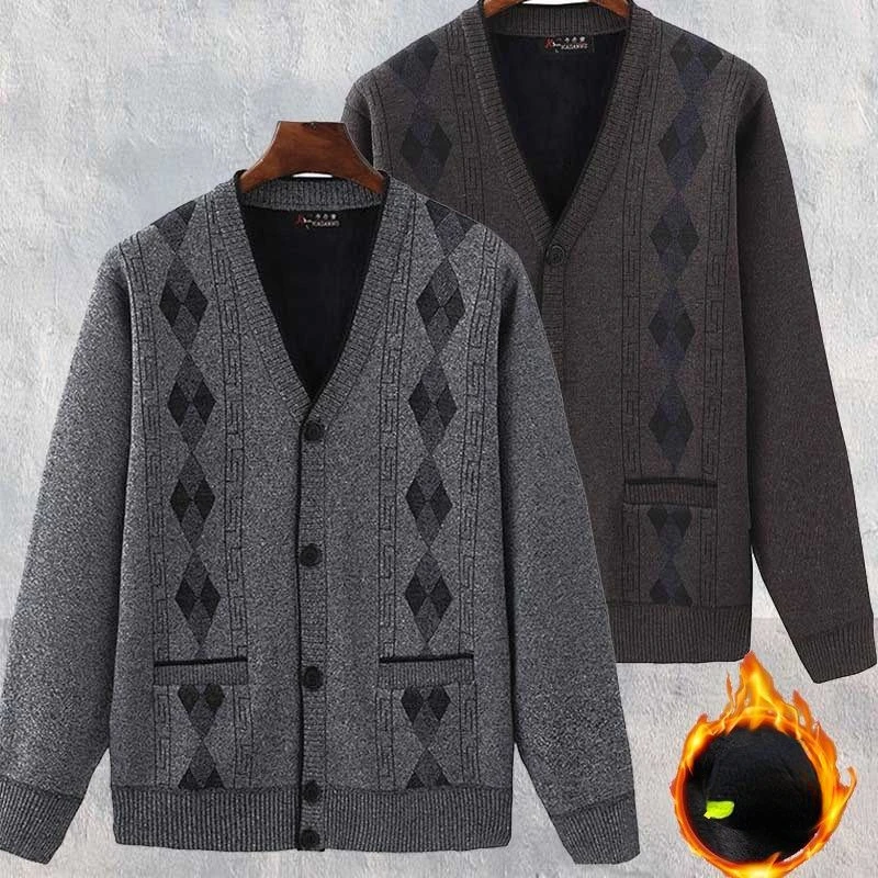 

Men's New Fleece plaid contrast Cardigan Sweater Fall Winter Thermal Jacket Knitted Trendy Casual Plus Size cardigans A51