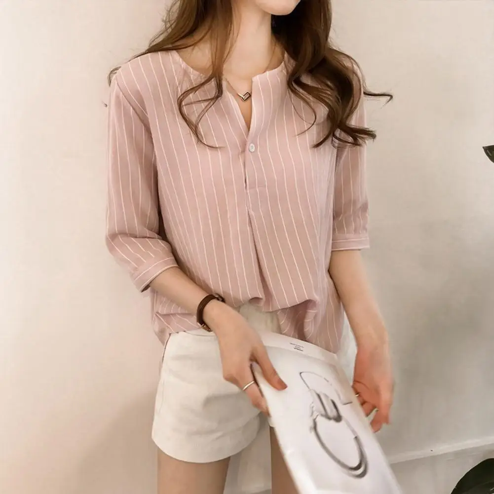 Women Shirt Striped Print V-neck 3/4 Sleeves Office Lady Working Shirt Top Elegant Summer Women Working Clothes Streetwear