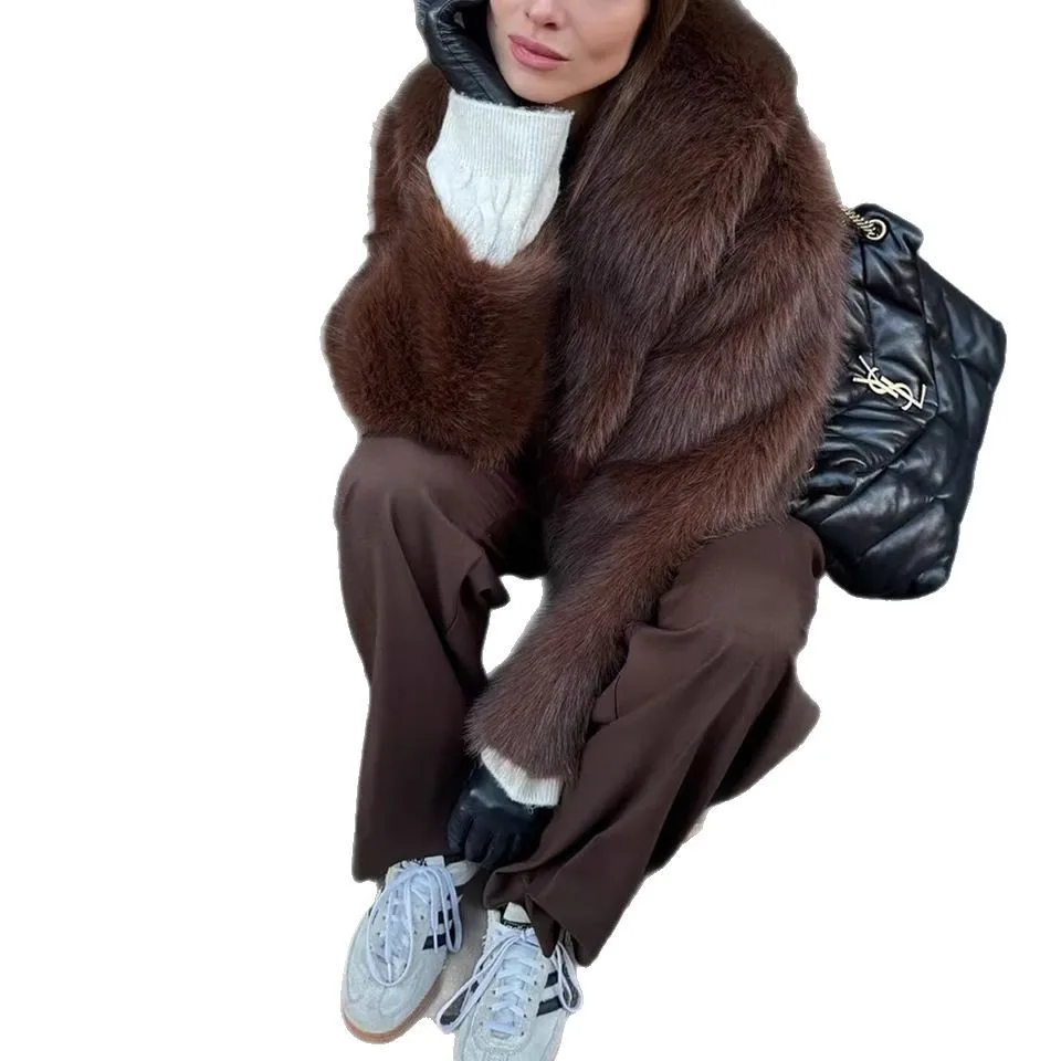 KIDCRKJ الشتاء النساء معطف الفرو فويا طوق فروي قطرة الكتف الإناث الفراء الاصطناعي سترة قصيرة الدافئة رقيق سيدة معطف الفرو البيئي #5