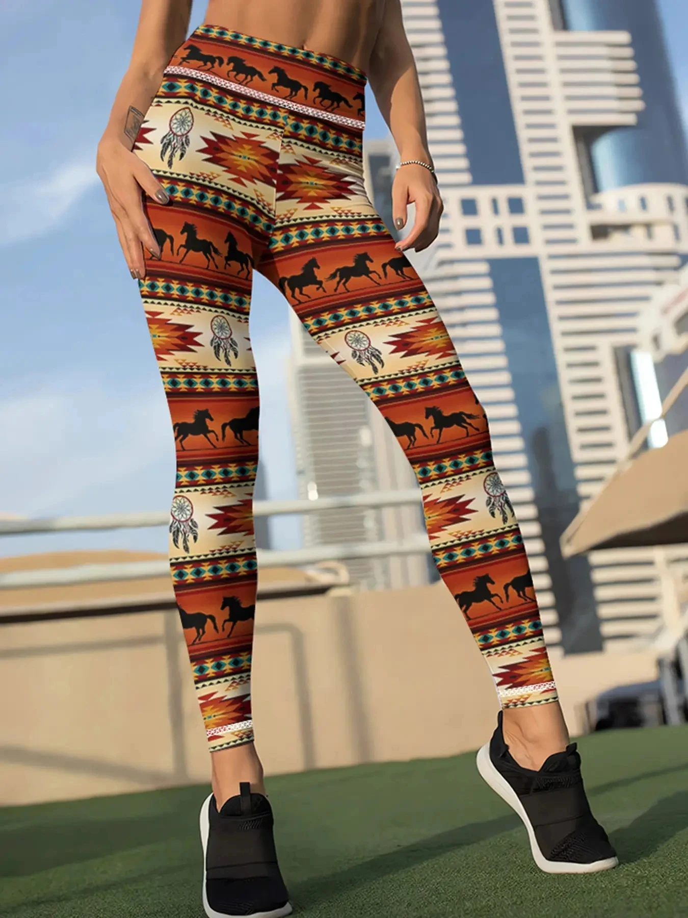 

MSIEESO Retro Women Leggings Vintage Ethnic Totem Horse Dream Catcher Striped Splicing Fitness Yoga Pants Skinny Tights