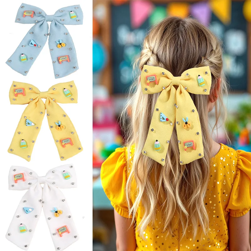 

10pcs Girl Chiffon Bow Side Hair Clips School Accessory Kid Pencil Shaped Bow Hair Pins Back To School Season Hair Accessories